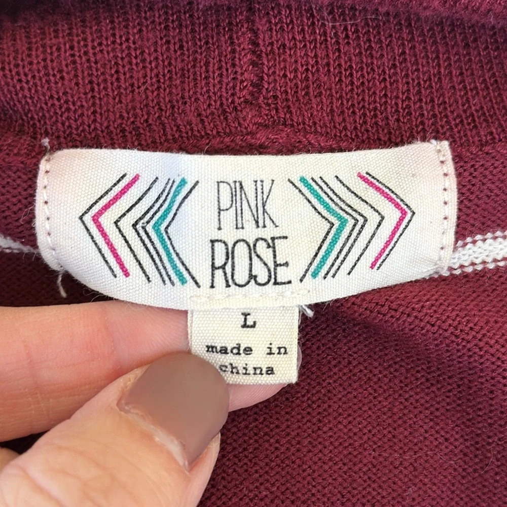 Pink Rose maroon white stripe cowl neck 3/4 sleeve long tunic sweater size large